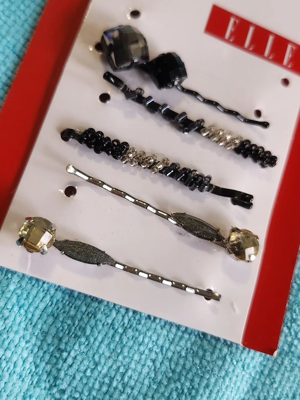 ELLE Crystal and Bead Bobby Pin Set Of 5 - Black & Silver